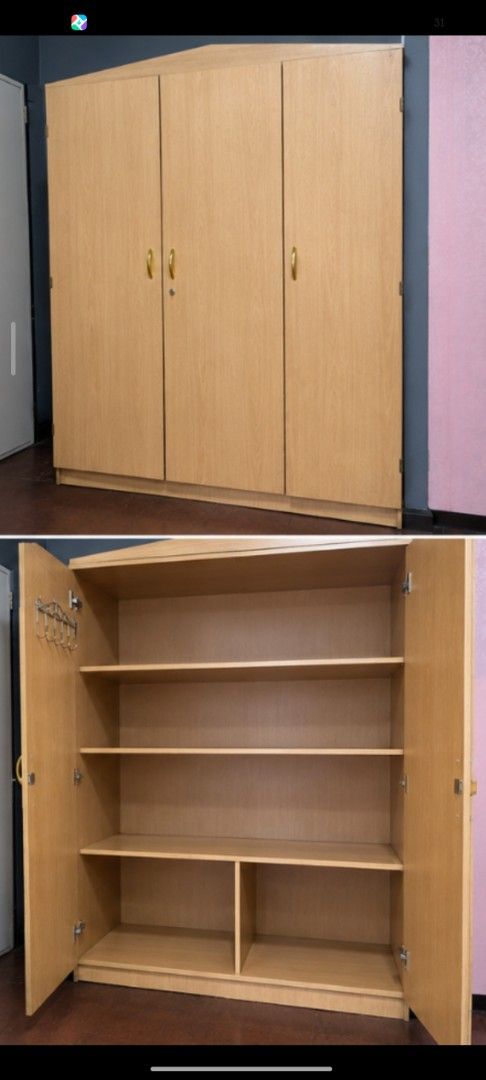 Wooden 3-Door Wardrobe with Shelves (Category: Shelves, Cabinets & Racks) located in Manila. Submitted by ddanielleee (Listing ID 1461370921, Image 2). Description: - Light wood 3-door wardrobe - Plenty of shelf space for storage - Doors feature stylish gold handles - Ideal for organizing clothes and other items - Pick up only AI lang po, coz di pa sya empy.. yung another sa right, may sabitan heheWooden 3-Door Wardrobe with Shelves.