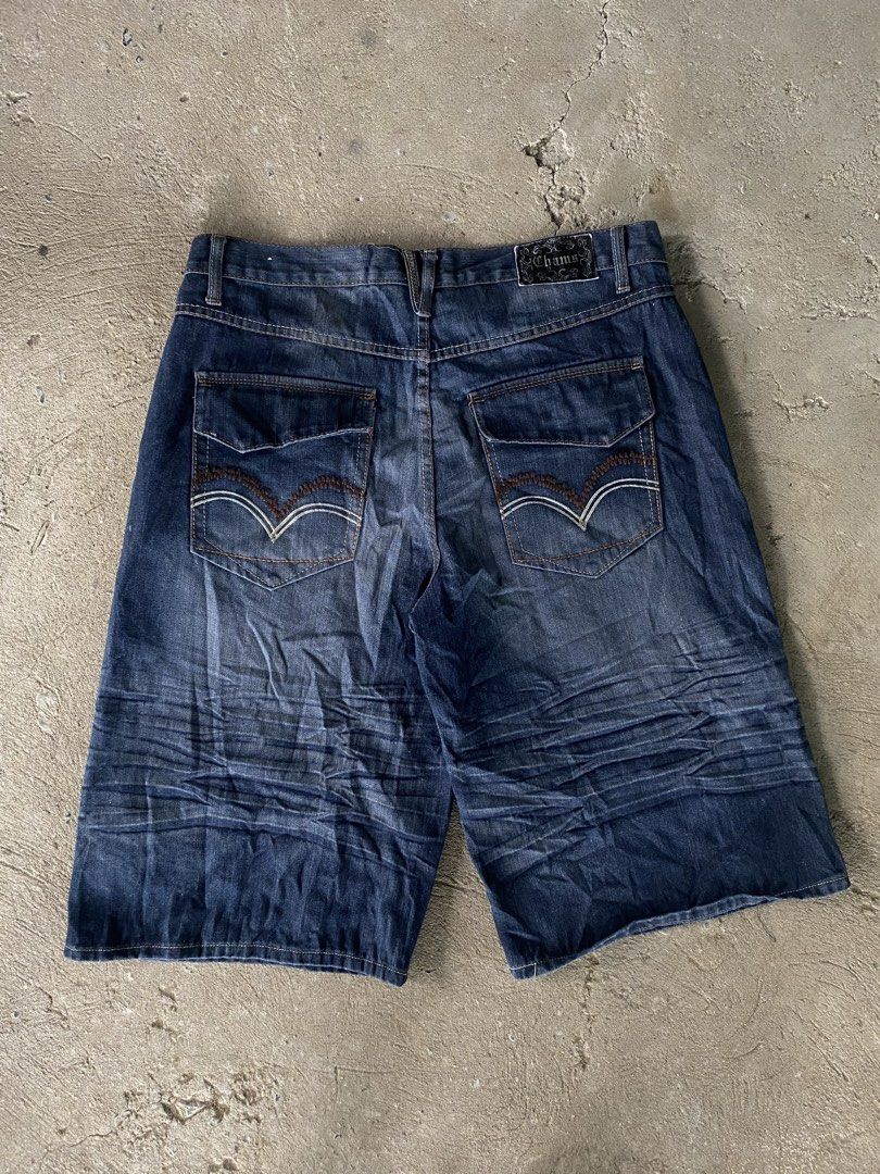 Y2K Chams Denim Shorts Men's (Category: Shorts) located in Sinait. Submitted by rinzuthrift (Listing ID 1461430020, Image 2). Description: - Chams Men's Denim Shorts - Classic blue wash - Relaxed fit - Made from 100% cotton - Features Chams logo on back pocket and waistband - Button and zip closure - Ideal for casual wear.