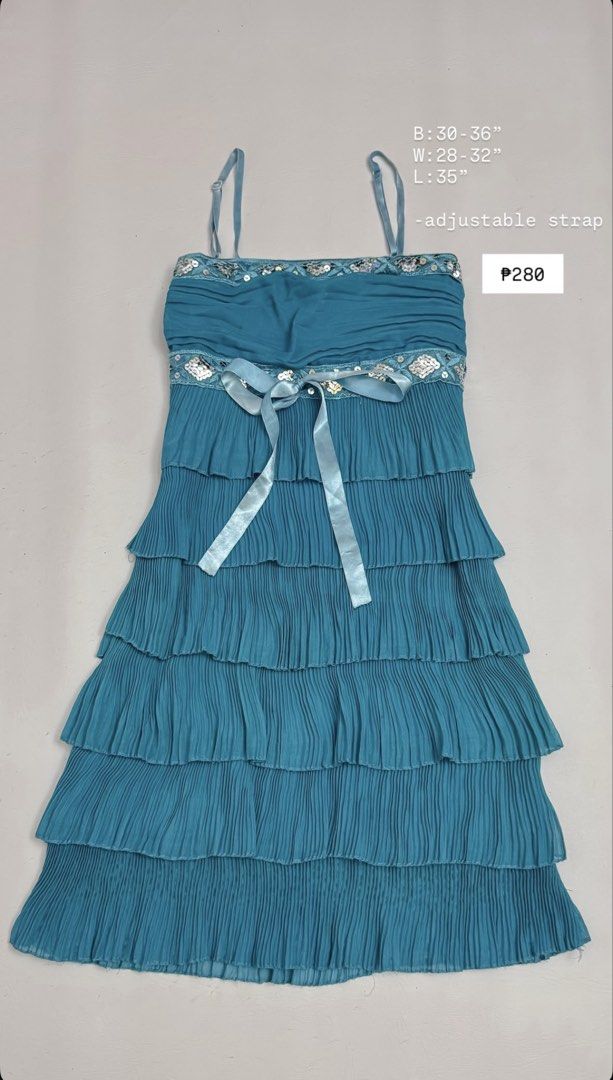 Y2K Teal Blue Layered Ruffle Dress (Category: Dresses) located in Pasig City. Submitted by wear_she_goes (Listing ID 1461332237, Image 1). Description: B: 30-363 W: 28-32” L: 35” -adjustable strap.