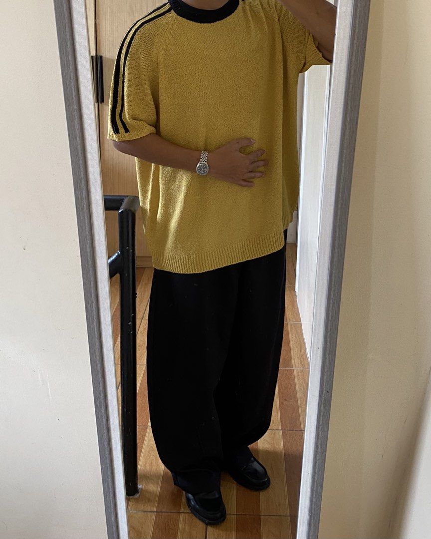 Yellow Knit Sweater with Black Stripes (Category: Activewear) located in Rizal. Submitted by Thethriftgood (Listing ID 1461537492, Image 3). Description: xido 3 line knitted shirt yellow brazil vibes Model height - 5’9 size: large fit xl dimensions: width - 25 length - 28.5 10/10 condition | issue: none Php: 800.