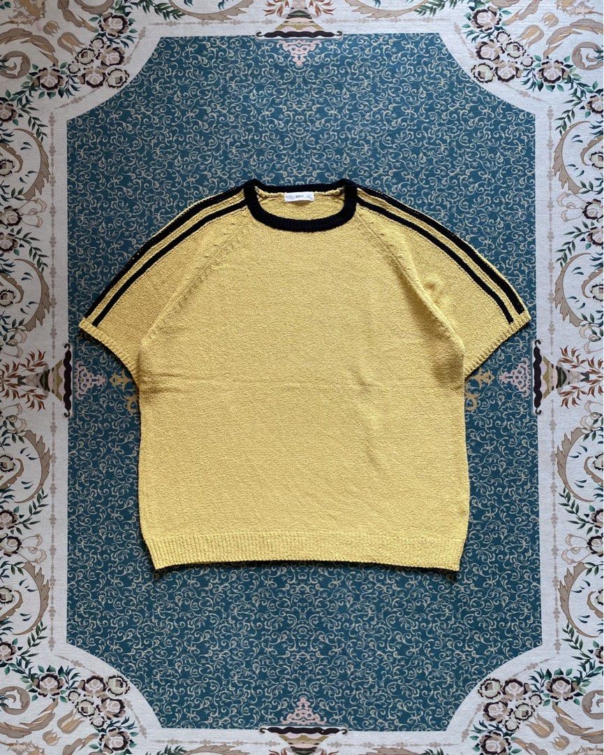 Yellow Knit Sweater with Black Stripes (Category: Activewear) located in Rizal. Submitted by Thethriftgood (Listing ID 1461537492, Image 1). Description: xido 3 line knitted shirt yellow brazil vibes Model height - 5’9 size: large fit xl dimensions: width - 25 length - 28.5 10/10 condition | issue: none Php: 800.