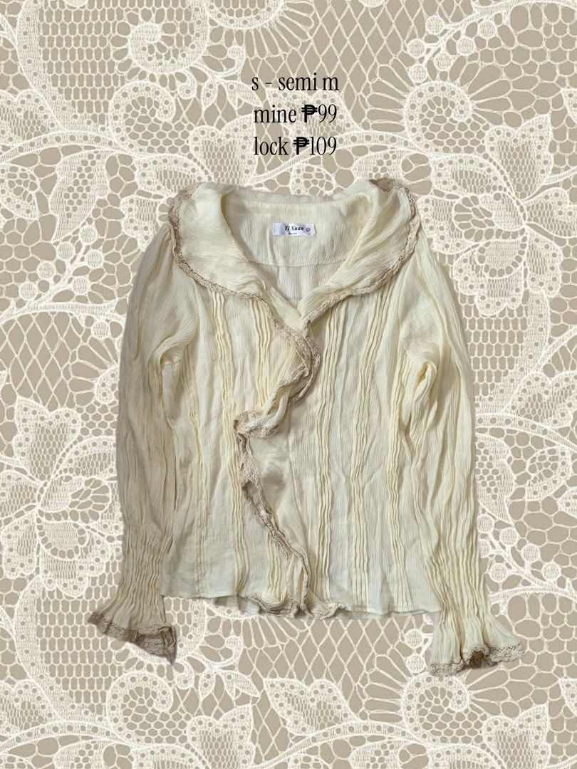 Yi Xuan Cream Ruffled Long Sleeve Blouse (Category: Blouses) located in Manila. Submitted by cottage.bloom (Listing ID 1461382314, Image 1). Description: @cottage.bloom on TikTok!.