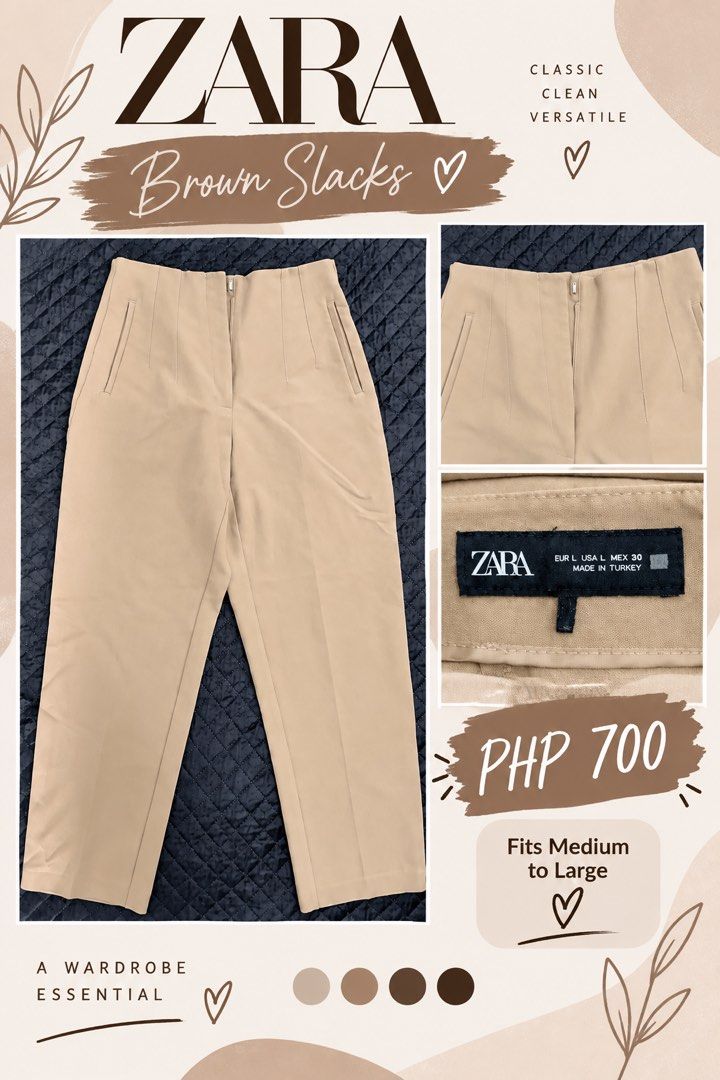 Zara Brown Slacks Classic Clean Versatile (Category: Other Bottoms) located in Quezon City. Submitted by animagemella0129 (Listing ID 1461370234, Image 1). Description: - Classic brown slacks from Zara - Versatile and essential wardrobe piece - Fits Medium to Large - Made in Turkey - Ideal for everyday wear.