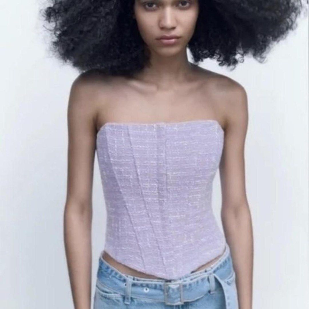 Zara Lilac Tweed Corset Top (Category: Sleeveless) located in Legazpi City. Submitted by lezarellesque (Listing ID 1461437810, Image 1). Description: Used once, perfect for day or night looks Please read :)) 1. Kindly refrain from asking for when worn photos. I will include them in the listing if I have, or if I was able to get one from the product website, like this photo here. 2. Last price posted as I bought these at higher costs and I barely 