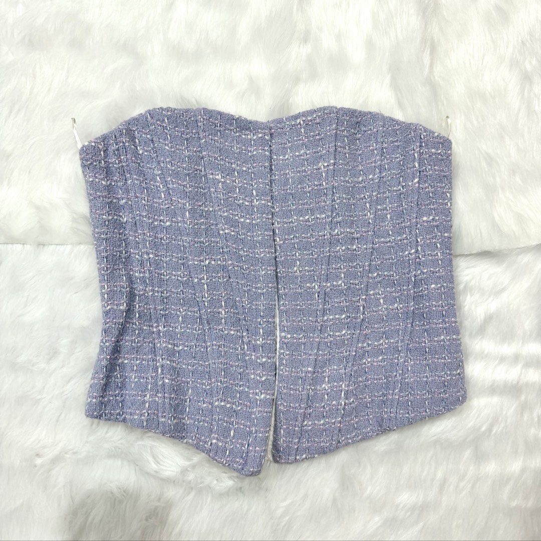 Zara Lilac Tweed Corset Top (Category: Sleeveless) located in Legazpi City. Submitted by lezarellesque (Listing ID 1461437810, Image 2). Description: Used once, perfect for day or night looks Please read :)) 1. Kindly refrain from asking for when worn photos. I will include them in the listing if I have, or if I was able to get one from the product website, like this photo here. 2. Last price posted as I bought these at higher costs and I barely 