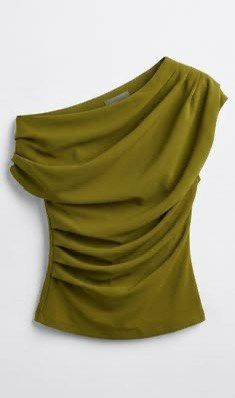 Zara One Shoulder Ruched Top Olive Green (Category: Blouses) located in Taguig. Submitted by imgthrift (Listing ID 1461422120, Image 1). Description: - Zara olive green one-shoulder top - Ruching detail on the side and across the bust - Made from a soft, stretchy fabric - Perfect for dressing up or down - Easy to style for various looks -Fits S-M.