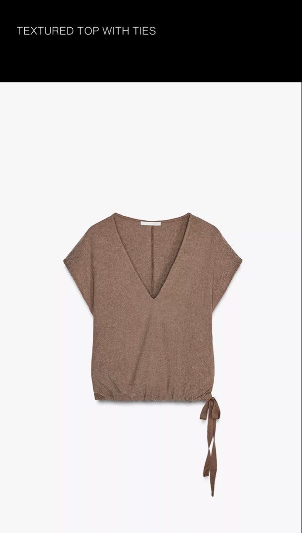 Zara Textured Top with Ties - Brown - Size S (Category: Blouses) located in Iloilo. Submitted by dabyladaby2 (Listing ID 1461502334, Image 1). Description: - Zara brown textured top - Size: S - Short sleeves - Deep V-neck - Side ties to cinch the waist - Relaxed fit - Made in Turkey -once used.