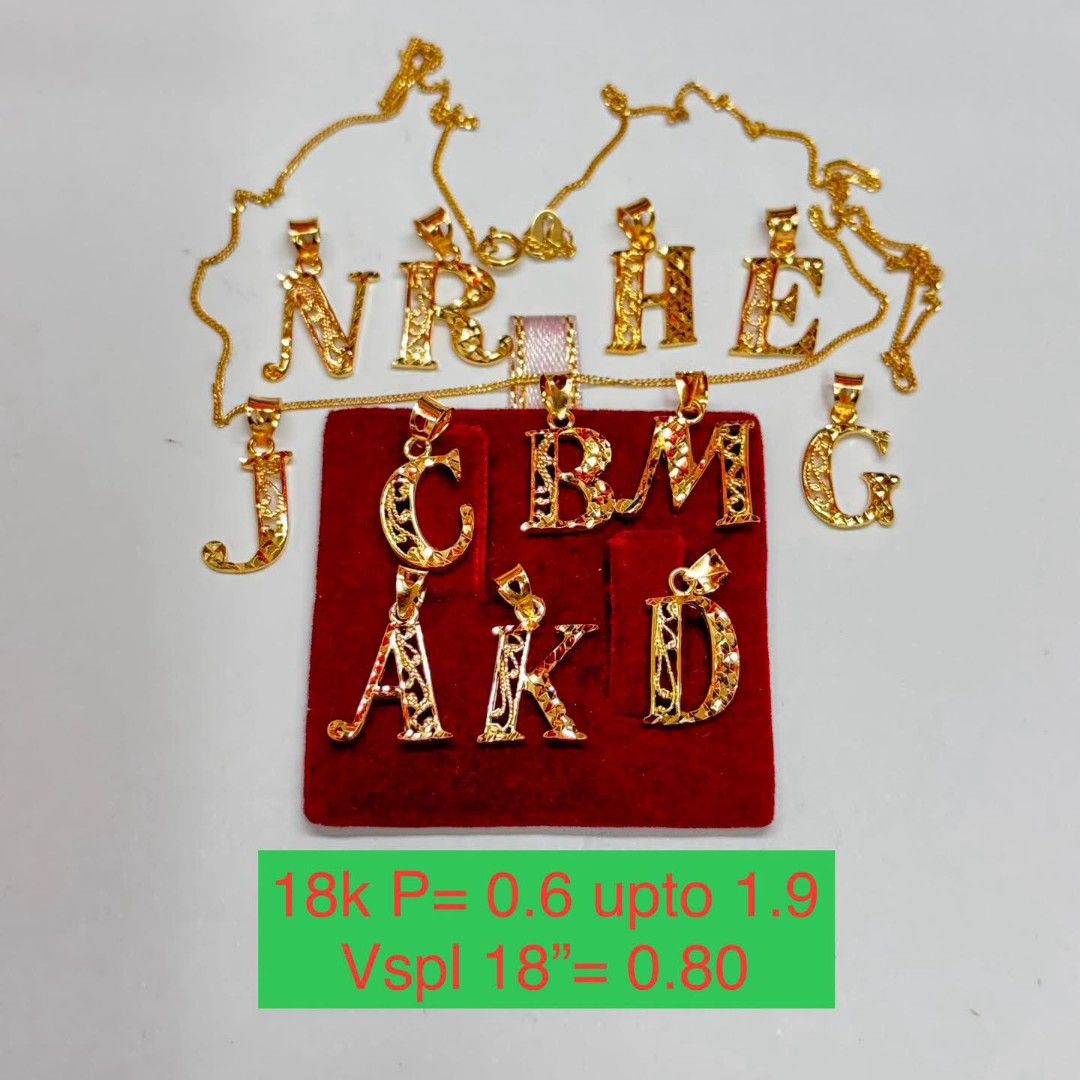 18k Saudi gold initial necklace (Category: Necklaces) located in Manila. Submitted by bhelgoldseller2ndaccount (Listing ID 1461610656, Image 2). Description: New!!✨New!!✨New!! Authentic 18k Saudi Golds 💯pawnable/naisasanla 💯with high appraisal rate 💯good investment 💯Direct supplier price 👉OPEN for resellers 🌺please take time to evaluate their actual sizes and grams 👉Best panggift for all occasions ✅ Sold per grams not per piece Kya lowest 