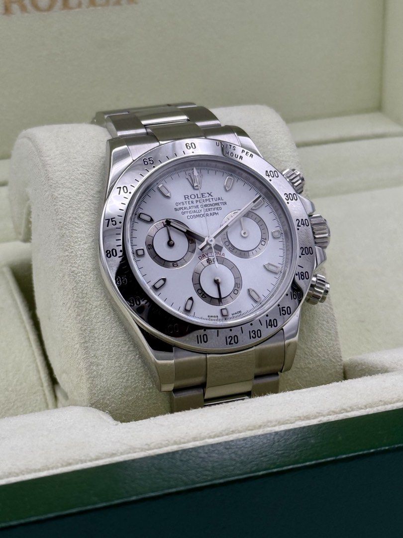 2012 Rolex Daytona White APH Dial Ref. 116520 (Category: Luxury Watches) located in Las Pinas. Submitted by j_mcd (Listing ID 1461600510, Image 3). Description: Rolex Daytona Stainless Steel Pre Ceramic Ref. 116520 Rare White APH Error Dial 40mm Dated 2012 Discontinued model Mint Condition Complete/Full Set Price: 1,498,000 Trades Accepted Open for Authentication.