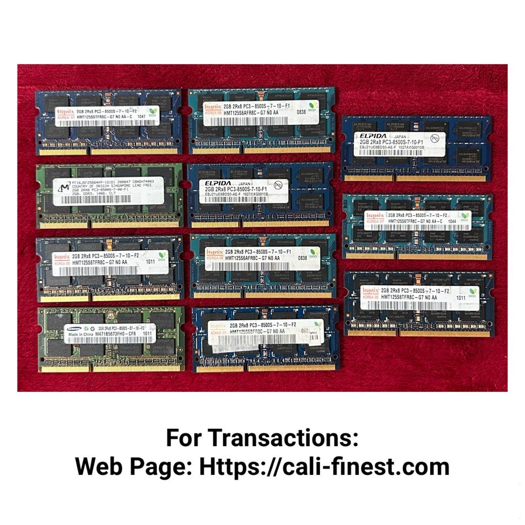 2GB DDR3 8500S Laptop RAM (Category: Computer Parts) located in Pasig City. Submitted by califinestcollectibles (Listing ID 1461626819, Image 1). Description: 2GB DDR3 8500S Laptop RAM EL#424 11pcs on hand - 180 each 2GB 8500S Unit only Actual and detailed picture posted Original/Authentic From USA Pick up at one oasis condominium ortigas extension pasig city Or Delivery via Lalamove ,Lbc Cod/Cop Jnt (Payment first basis) THANKYOU.