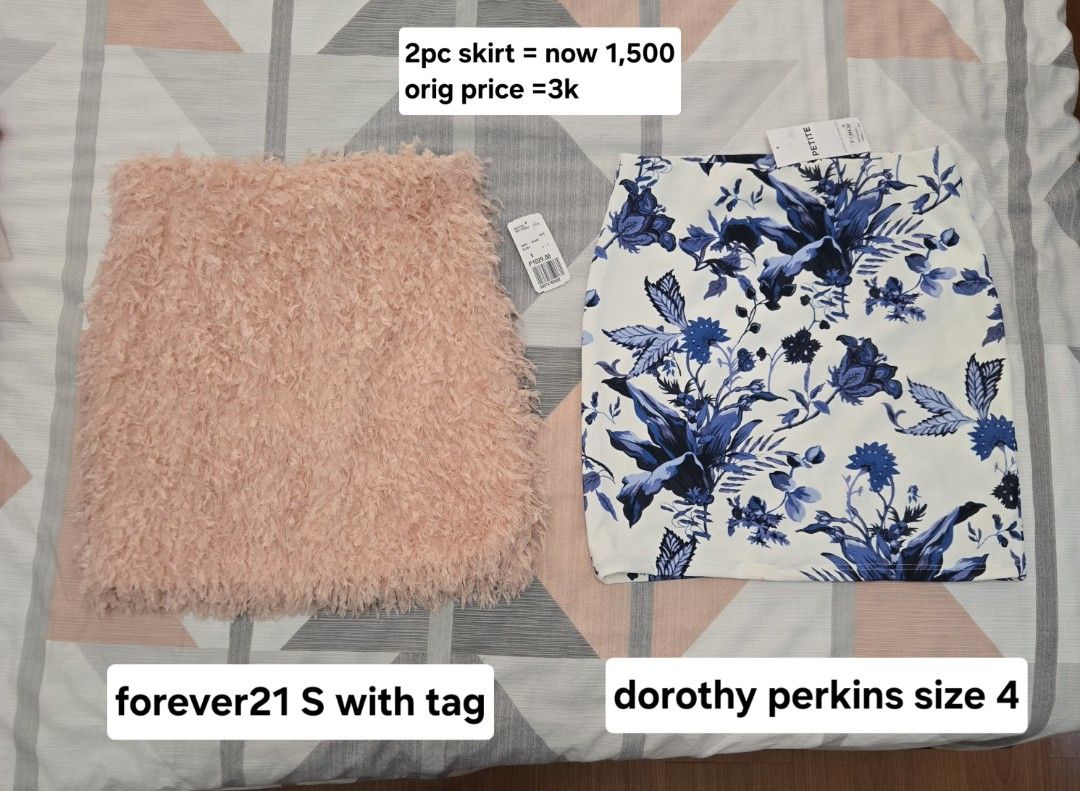 2pc skirt bundle new with tag (Category: Skirts) located in Manila. Submitted by chocomoose (Listing ID 1461578186, Image 1). Description: will fit XS to S 50% off = 1500 for both.