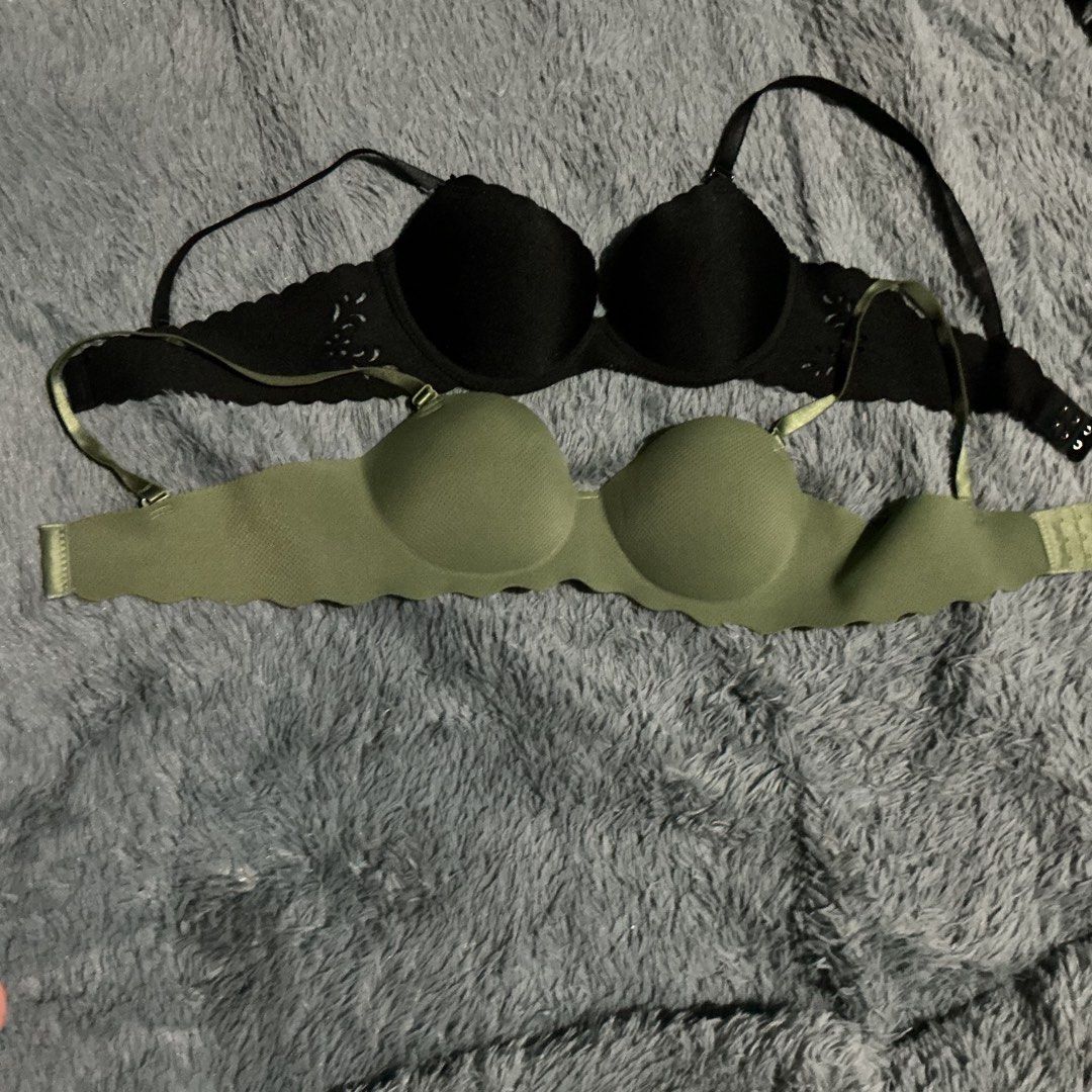 2x Bras Black & army green Size 36/80 (Category: Undergarments & Loungewear) located in Bulacan. Submitted by toogoodtobegarbage (Listing ID 1461698374, Image 1). Description: - Set of 2 bras: 1 black, 1 khaki - Size: 36/80 - Black bra features elegant lace trim - Khaki bra is seamless with a textured finish - Both bras have adjustable straps for a perfect fit - Ideal everyday essentials for your wardrobe - no flaws/ stains.
