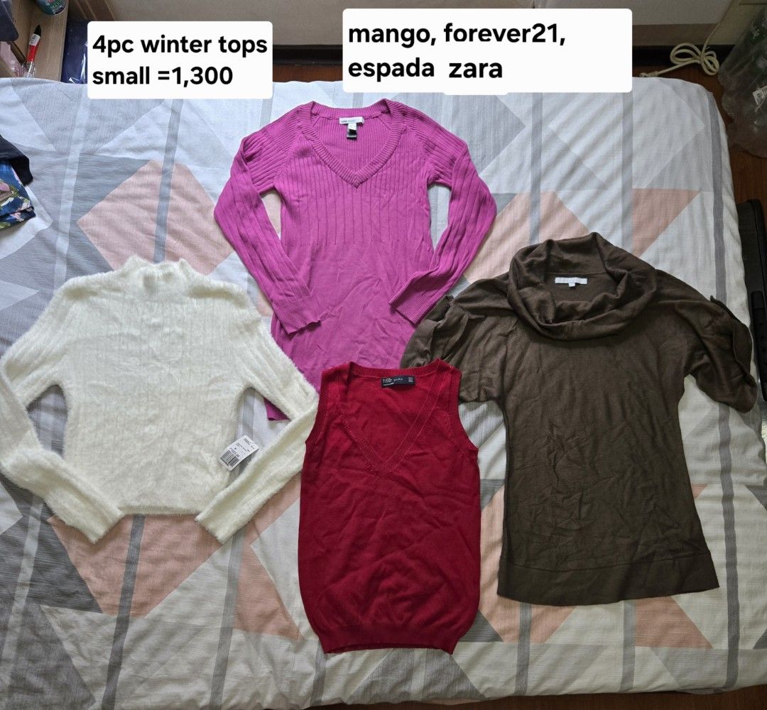 4pc winter top Mango Forever21 (Category: Longsleeves) located in Manila. Submitted by chocomoose (Listing ID 1461604510, Image 1). Description: thick material. will keep you warm on your winter trip for XS to S. stretch materials asstd brands include Mango, Espada,Zara, Forever21.