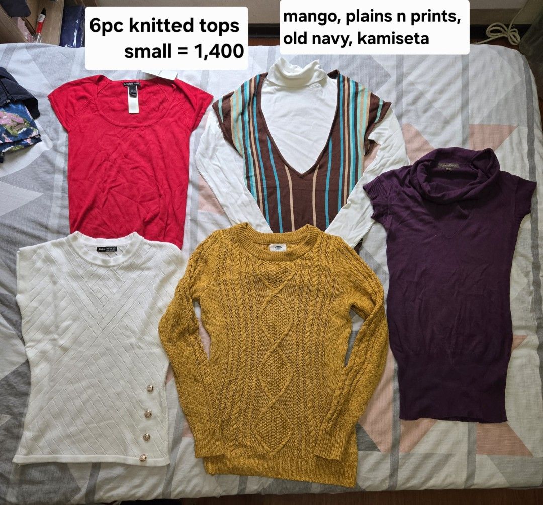 6pc knitted tops for winter trips or travel (Category: Longsleeves) located in Manila. Submitted by chocomoose (Listing ID 1461604157, Image 1). Description: pwede pang winter trip OOTD price is for 6pc na brands include plains and prints, mango, kamiseta. old navy.