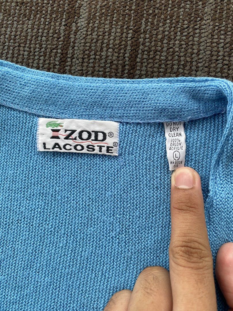 70s Lacoste by Izod Cardigan (Category: Luxury Apparel) located in Taguig. Submitted by offther4ck (Listing ID 1461651788, Image 2). Description: - Made in USA - Size Large on tag - Complete Tags - Issue: see provided pictures - Width: 22 inches - Length: 26.5 inches.