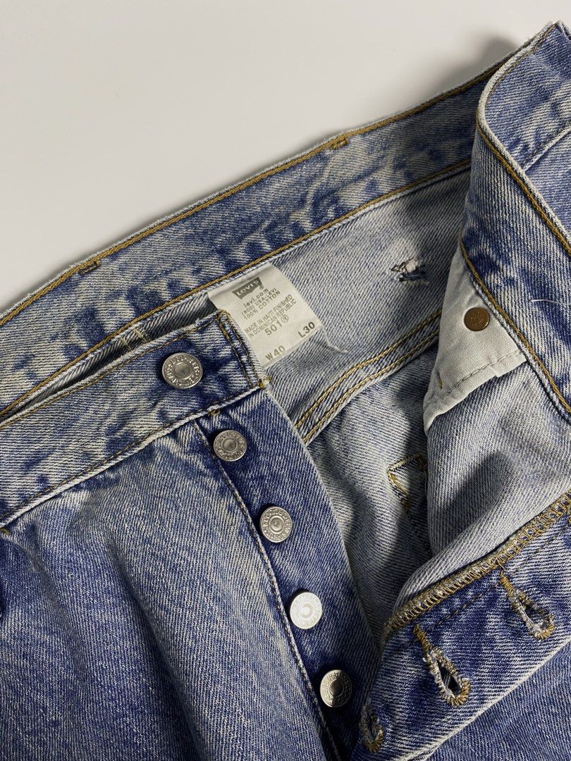 90’s Levi’s 501 Button Fly Denim Pants (Category: Jeans) located in Antipolo. Submitted by 1870thrift.wm (Listing ID 1461579803, Image 3). Description: 90’s Levi’s 501 Button Fly Denim Pants Tag Size - (Levi 501 | 40x30) 40” on tag, actually fits on 38” 42” length 10” hem Issues can be seen on each slide..