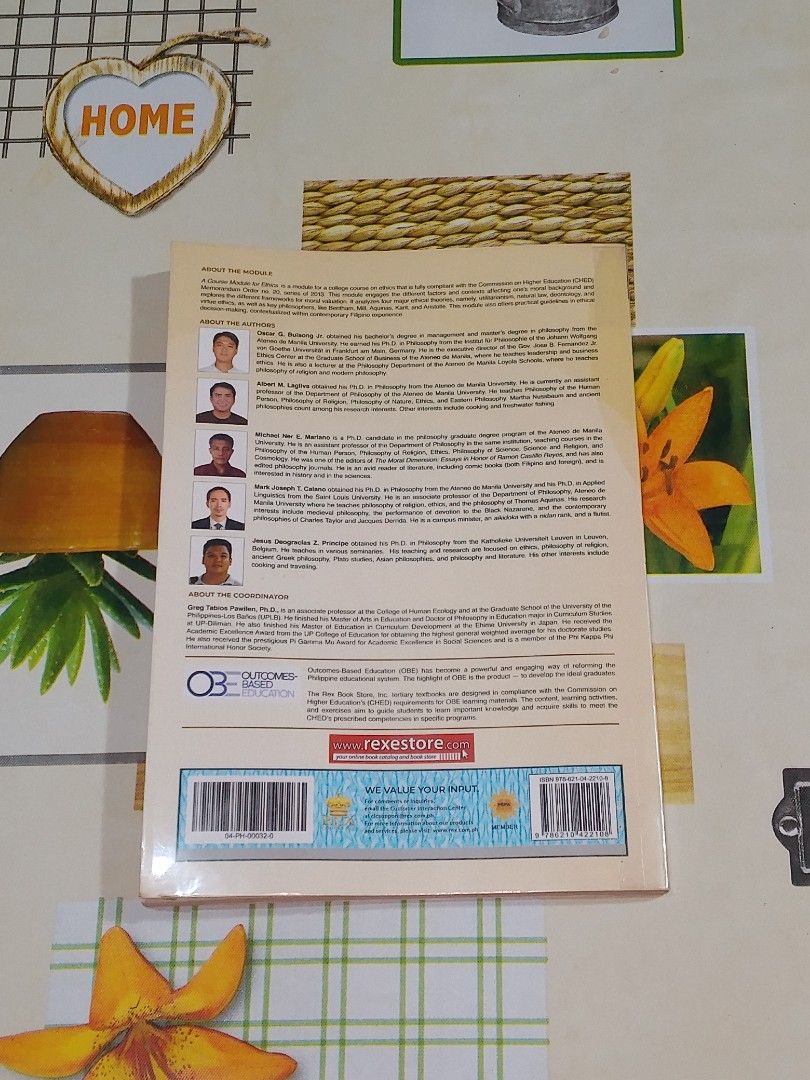 A Course Module for Ethics (Category: Textbooks) located in Pandi. Submitted by lorichuu (Listing ID 1461708508, Image 2). Description: For Sale: A Course Module for Ethics Authors: Oscar G. Bulaong, Jr., Albert M. Lagliva, Michael Ner E. Mariano, Mark Joseph T. Calano, Jesus Deogracias Z. Principe Publisher: REX Book Store - Pre-loved and well-used - Has handwritten notes and markings/highlights - Some dirt/minor marks on the cover - With plasti