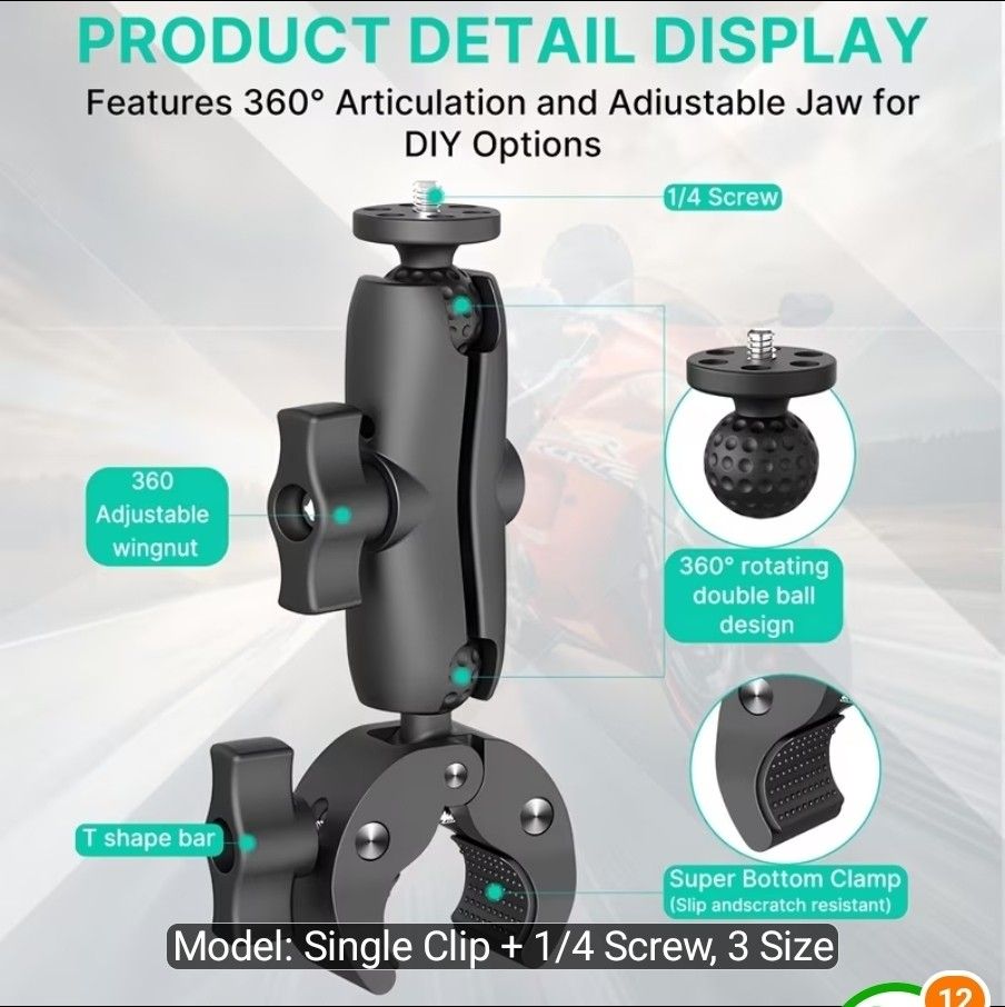 Action Camera Mount (Category: Mounts & Holders) located in Singapore. Submitted by desmondl (Listing ID 1461680794, Image 2). Description: - Versatile action camera mount - Features a strong, adjustable clamp for secure attachment - 360° rotating ball head for flexible positioning - Compatible with a wide range of devices including Insta 360, GoPro Hero, DJI OSMO, and smartphones - Durable design for stable footage - Ideal for content creators a