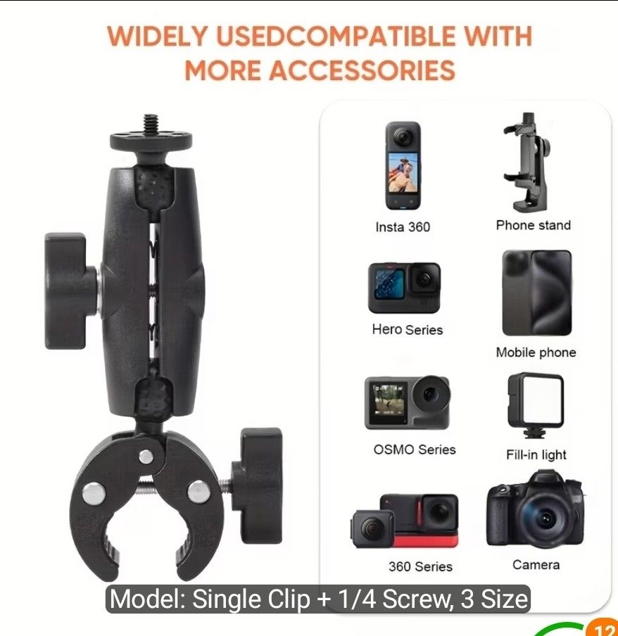 Action Camera Mount (Category: Mounts & Holders) located in Singapore. Submitted by desmondl (Listing ID 1461680794, Image 1). Description: - Versatile action camera mount - Features a strong, adjustable clamp for secure attachment - 360° rotating ball head for flexible positioning - Compatible with a wide range of devices including Insta 360, GoPro Hero, DJI OSMO, and smartphones - Durable design for stable footage - Ideal for content creators a