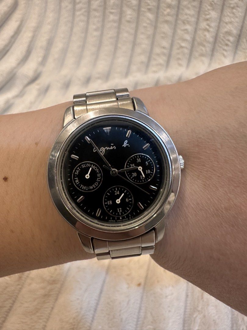 Agnes b. Multi-Function (Category: Women's Watches) located in Pasig City. Submitted by surplusatbp (Listing ID 1461565236, Image 1). Description: Agnès b. Multi-Function Description: Sophisticated designer watch featuring a classic multi-sub-dial calendar layout and a durable stainless steel build. Case Size: 34.3 mm | Wrist Size: Fits up to 15 cm Features & Selling Points: * Clean black dial signed with the signature Parisian fashion house bran