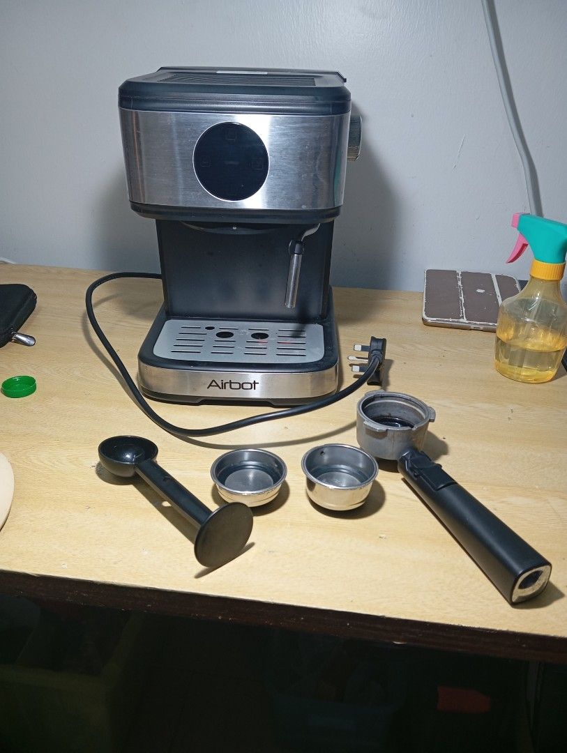 Airbot Espresso Machine with Accessories (Category: Coffee Machines & Makers) located in Kota Bharu. Submitted by mhakeems (Listing ID 1461663154, Image 2). Description: - Airbot Espresso Machine - Includes portafilter, tamper, and two filter baskets - Detachable water tank for easy refilling - Tested and confirmed working - Ideal for brewing delicious coffee at home - Selling as I've upgraded my coffee setup.