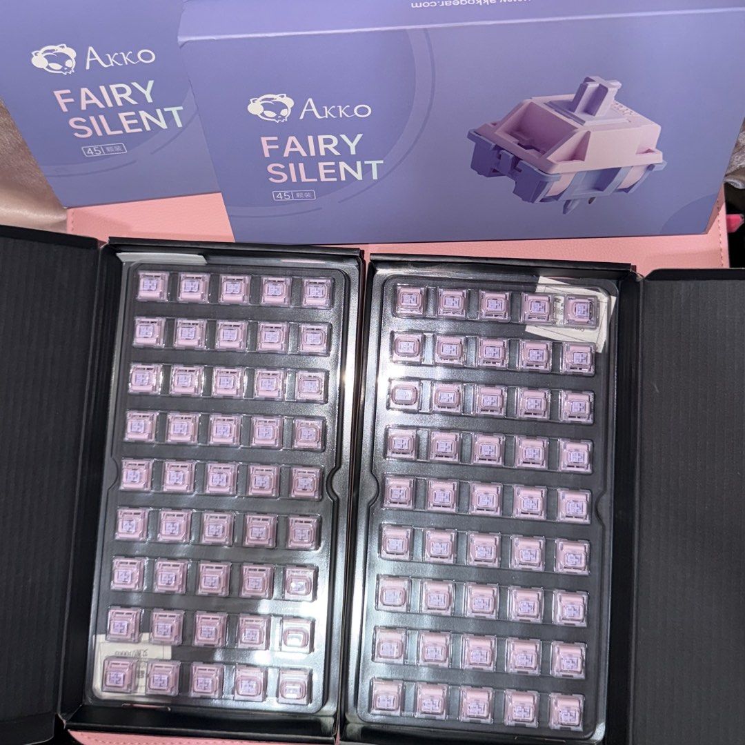 Akko Fairy Silent Switches (Category: Computer Keyboard) located in Manila. Submitted by beeboodee (Listing ID 1461623803, Image 2). Description: - Brand: Akko - Model: Fairy Silent Switches - Color: Pastel Pink/Purple - Feature: Silent typing - Condition: Brand new; never opened.