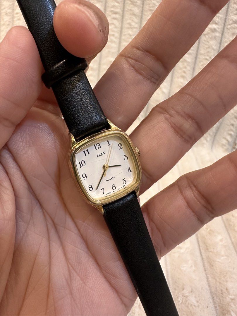Alba Square Cushion Quartz (Category: Women's Watches) located in Pasig City. Submitted by surplusatbp (Listing ID 1461564572, Image 3). Description: Alba Square Cushion Quartz Description: Vintage cushion-case dress watch featuring a clean white dial and full Arabic numerals, by Seiko’s sub-brand Alba. Case Size: 23.3 mm | Wrist Size: Fits up to 17 cm Features & Selling Points: * Clean white dial with crisp black Arabic numeral hour markers and 