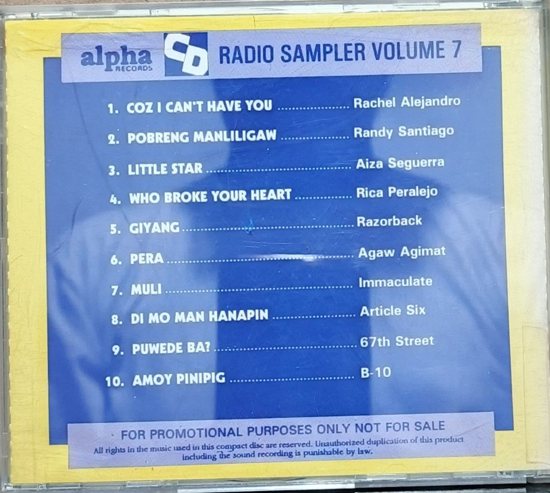 Alpha Records Radio Sampler Volume 7 CD (Category: CDs & DVDs) located in Manila. Submitted by ruelcabrer77078 (Listing ID 1461771706, Image 3). Description: - Alpha Records Radio Sampler Volume 7 CD - Features OPM hits from artists like Rachel Alejandro, Randy Santiago, Aiza Seguerra, and more - This is a promotional copy, not for sale - Perfect for collectors of Original Pilipino Music (OPM).