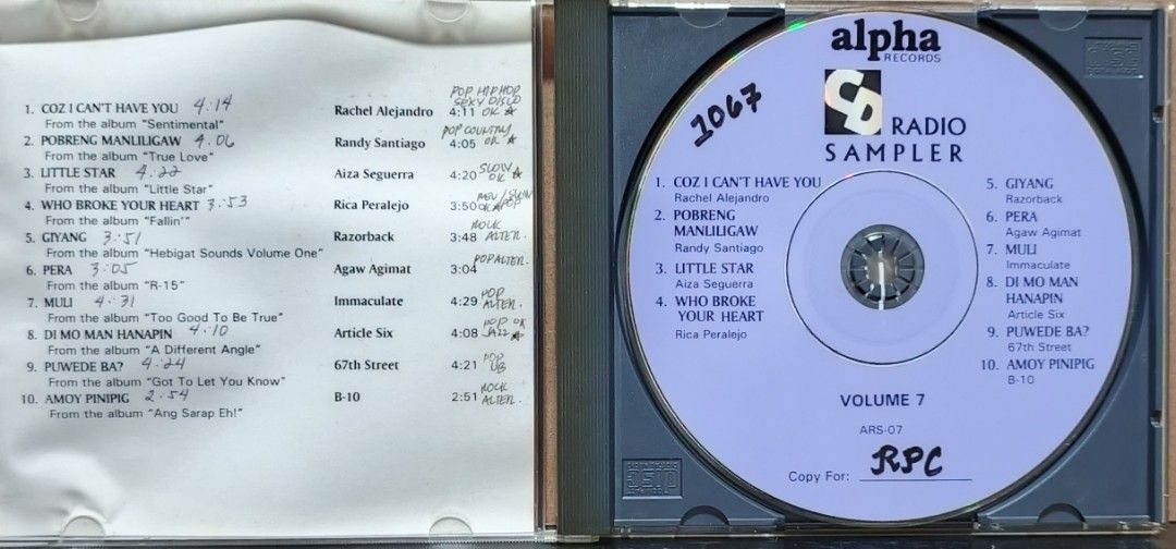 Alpha Records Radio Sampler Volume 7 CD (Category: CDs & DVDs) located in Manila. Submitted by ruelcabrer77078 (Listing ID 1461771706, Image 2). Description: - Alpha Records Radio Sampler Volume 7 CD - Features OPM hits from artists like Rachel Alejandro, Randy Santiago, Aiza Seguerra, and more - This is a promotional copy, not for sale - Perfect for collectors of Original Pilipino Music (OPM).