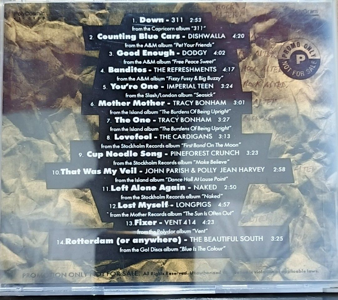 Alternative Sampler Volume 1 CD PolyCosmic Records (Category: CDs & DVDs) located in Manila. Submitted by ruelcabrer77078 (Listing ID 1461770937, Image 3). Description: - Alternative Sampler Volume 1 CD - Features 311, Dodgy, Imperial Teen, The Cardigans, Naked, Longpigs, The Beautiful South - Includes hits like 'Down', 'Banditos', 'Rotterdam' - A great collection of 90s alternative music.