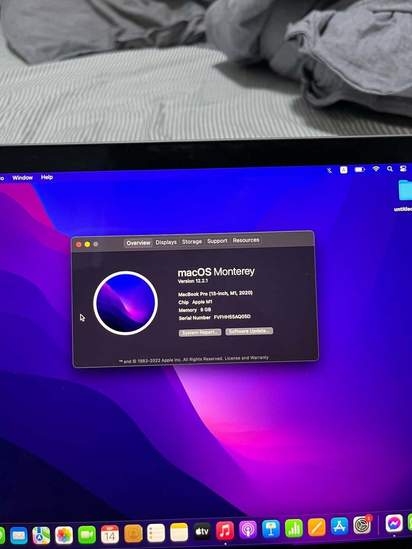 Apple MacBook Pro 13-inch M1, 8GB RAM (Category: Laptops & Notebooks) located in Baguio. Submitted by aazizi_ (Listing ID 1461737784, Image 2). Description: Bought in Singapore 🇸🇬 - MacBook Pro 13-inch - M1 chip - 8GB RAM - 33 cycle count - 100% bh - macOS Monterey 12.2.1 - Ideal for everyday tasks and more Rfs: hindi nagagamit.
