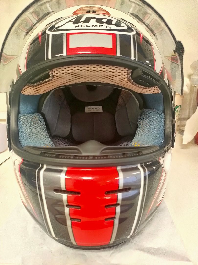 Arai Rapide Super R Spiral White Red (rare) (Category: Helmets and other Riding Gears) located in Caloocan City. Submitted by billybancolita (Listing ID 1461593511, Image 3). Description: Arai Rapide SR Spiral White Red Graphics Hard to find! Very Rare Collector’s item 100% Genuine Arai Helmet from Japan Old Production Can fit to Medium to Large Outer Shell and Graphics - 9/10 (NO visible paint chips or damage) Working Air Ducts and Mechanism Iss