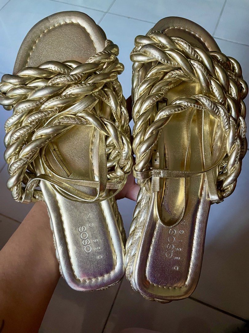 ASOS DESIGN Gold Franky Rope Flat Sandals (Category: Flats & Sandals) located in Tabaco. Submitted by devskie (Listing ID 1461727191, Image 3). Description: - ASOS DESIGN Franky Rope Flat Sandals - Color: Gold - Design: Braided rope across the foot - Features: Thin ankle strap - Sole color: Light brown - Ideal for: Summer wear Size 37.