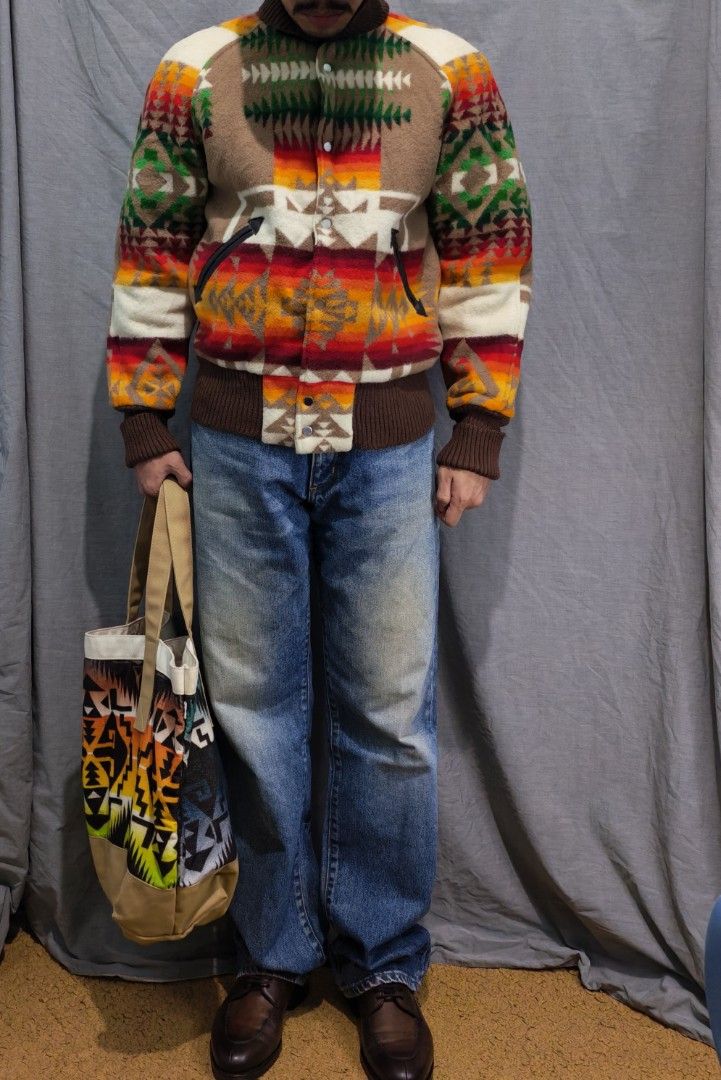 available tote bag / sold jacket (Category: Coats, Jackets and Outerwear) located in Baguio. Submitted by used_clothing2600 (Listing ID 1461601998, Image 1). Description: sold jacket / available bag monitaly skookum blanket varsity jacket made in USA verygood condition size 36 pit to pit 22 inches length 25.5 inches BAPE navajo canvas tote bag - P2,300 made in JAPAN verygood condition issue minor stains width 21 inches length 15 inches.