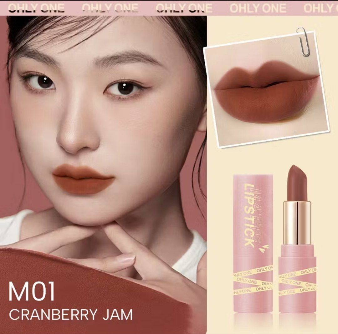 Assorted OHLY ONE Matte Lipstick M01-M06 Cranberry Jam Red Bean Paste (Category: Makeup) located in Paranaque City. Submitted by sissyloveph (Listing ID 1461603811, Image 1). Description: - OHLY ONE Matte Lipsticks - Available in 5 beautiful shades: M01 Cranberry Jam, M02 Red Bean Paste, M03 Pink Roses, M04 Peach Cream, M06 Sweet Orange - Enjoy a smooth, comfortable matte finish - Ideal for both daily wear and special events.