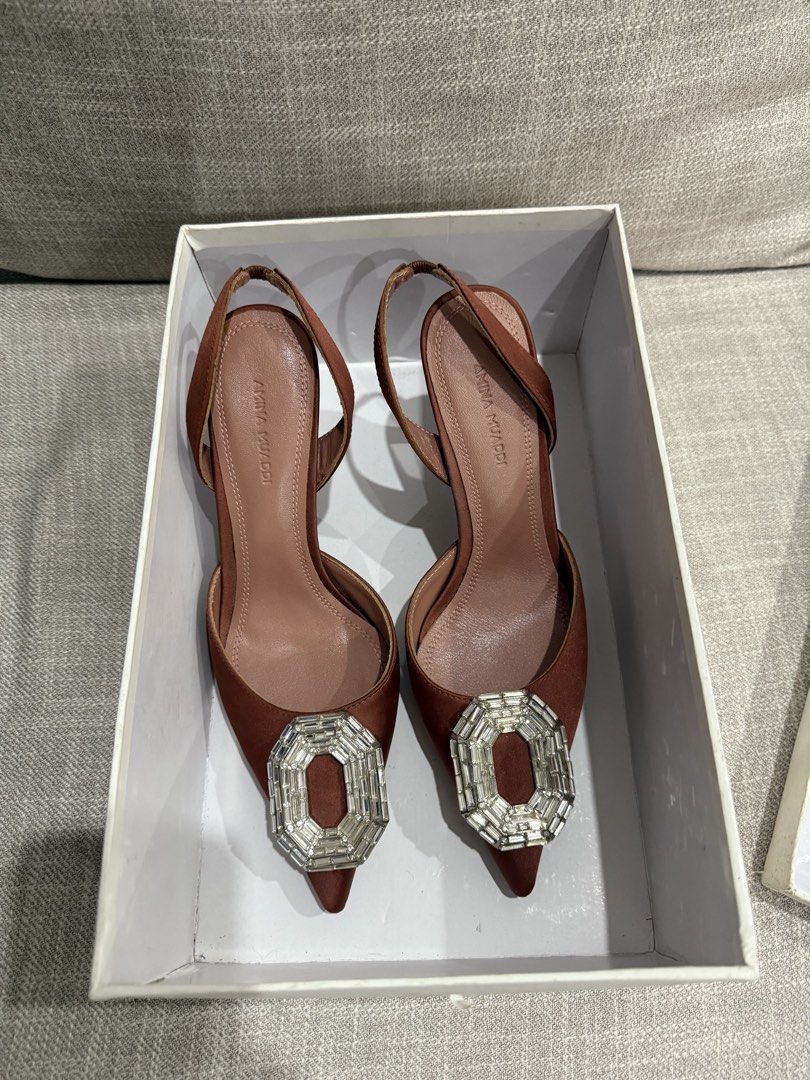 Authentic Amina Muaddi Slingback Heels (Category: Sneakers & Footwear) located in Manila. Submitted by echipmunk (Listing ID 1461710022, Image 1). Description: Authentic Amina Muaddi Slingback Heels Size 38 Shoes and box only (no dustbag, cards, etc) Worn once on my end Can check sole is still in very good condition Bought from another Carousell seller RFS declutterring high heels; in my tita phase already lol NEGOTIABLE Will block low ballers 🙏