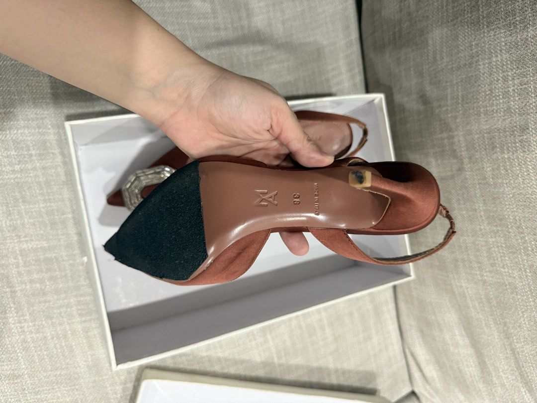 Authentic Amina Muaddi Slingback Heels (Category: Sneakers & Footwear) located in Manila. Submitted by echipmunk (Listing ID 1461710022, Image 3). Description: Authentic Amina Muaddi Slingback Heels Size 38 Shoes and box only (no dustbag, cards, etc) Worn once on my end Can check sole is still in very good condition Bought from another Carousell seller RFS declutterring high heels; in my tita phase already lol NEGOTIABLE Will block low ballers 🙏