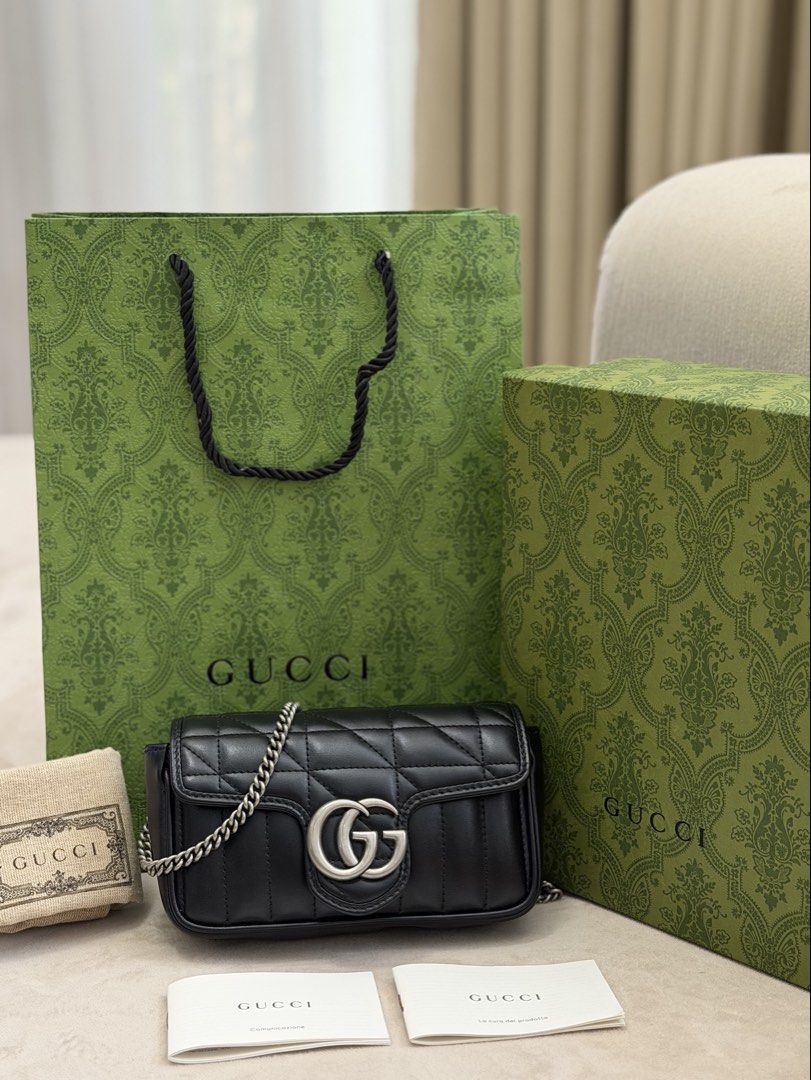Authentic Gucci GG Marmont Super Mini (Category: Luxury Bags & Wallets) located in Manila. Submitted by maria_2326 (Listing ID 1461609456, Image 1). Description: Gucci GG Marmont Super Mini Guarantee Authentic | Fits pro max Inclusions: Paper bag Box Dust bag Chain sling Booklet No lowballing! Location: Manila/QC.