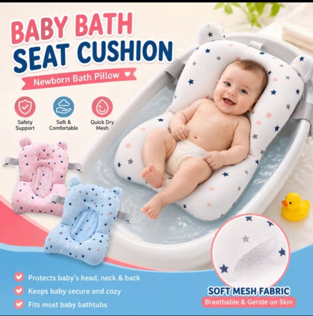 Baby Bath Support Pillow with Straps (Category: Bathtub & Bath Accessories) located in Manila. Submitted by coolshark888 (Listing ID 1461593360, Image 1). Description: - Soft padded pillow for baby's bath time - Features secure straps to keep baby safe - Reversible design: white with stars on one side, grey mesh on the other - Ensures baby's comfort and safety in the tub - Easy to use and clean.