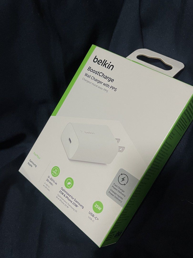 Belkin BoostCharge 25W USB-C Wall Charger with PPS (Category: Chargers) located in Manila. Submitted by _ljsells (Listing ID 1461747607, Image 2). Description: Brand: Belkin Model: BoostCharge 25W USB-C PD 3.0 PPS Wall Charger (WCA004) Color: White Condition: Brand New Sealed Key Features: USB-C Port, 25W PPS Fast Charging, USB-IF Certified, compact travel-friendly design..