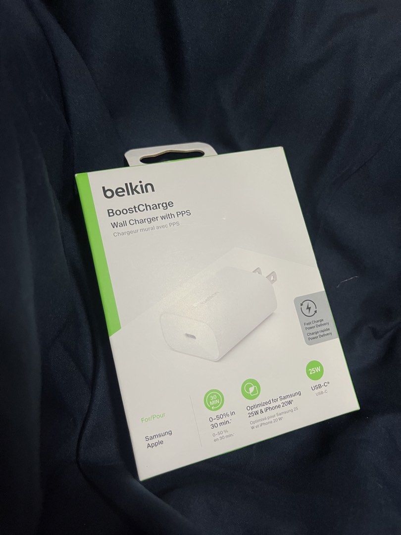 Belkin BoostCharge 25W USB-C Wall Charger with PPS (Category: Chargers) located in Manila. Submitted by _ljsells (Listing ID 1461747607, Image 1). Description: Brand: Belkin Model: BoostCharge 25W USB-C PD 3.0 PPS Wall Charger (WCA004) Color: White Condition: Brand New Sealed Key Features: USB-C Port, 25W PPS Fast Charging, USB-IF Certified, compact travel-friendly design..
