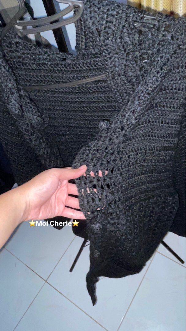 Black Crochet Knit Cardigan (Category: Coats, Jackets and Outerwear) located in Naga. Submitted by thesecondbloom (Listing ID 1461737640, Image 3). Description: Black Crocheted Knit Slouchy Cardigan 🖤🖤🖤 - fits small to large (oversized) - high quality!!! 💯 - not ukay 📦 ship thru JNT 📍 Naga City, Bicol.