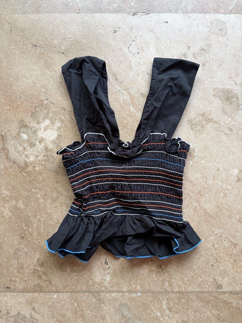 Black Smocked Peplum Top with Multicolor Stitching (Category: Others Tops) located in Quezon City. Submitted by tidyup.lara (Listing ID 1461754196, Image 1). Description: Best fits XS-S frames Bust 22” Waist 20” Length 17” Condition 8/10: used but in good condition .