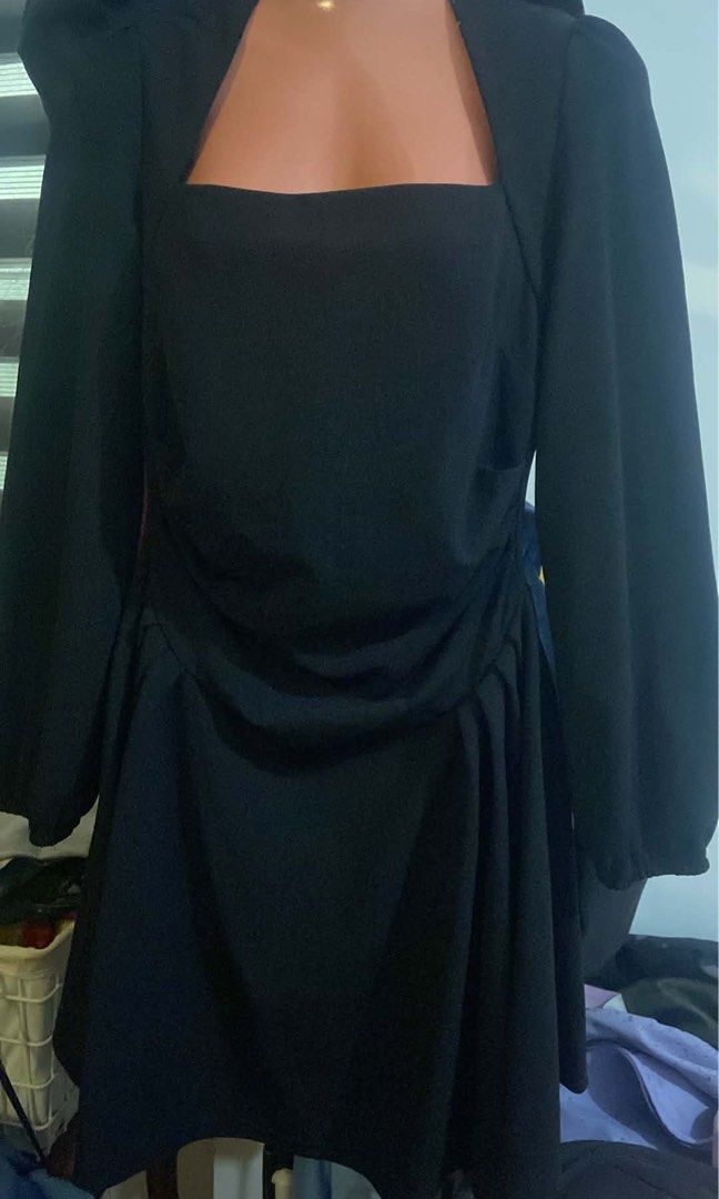 Black Square Neck Long Sleeve Mini Dress (Category: Dresses) located in Manila. Submitted by joclutter (Listing ID 1461644013, Image 3). Description: - Black mini dress - Square neckline - Long puff sleeves - Ruched detailing on sides of waist - Flattering A-line skirt - Ideal for parties or a night out.