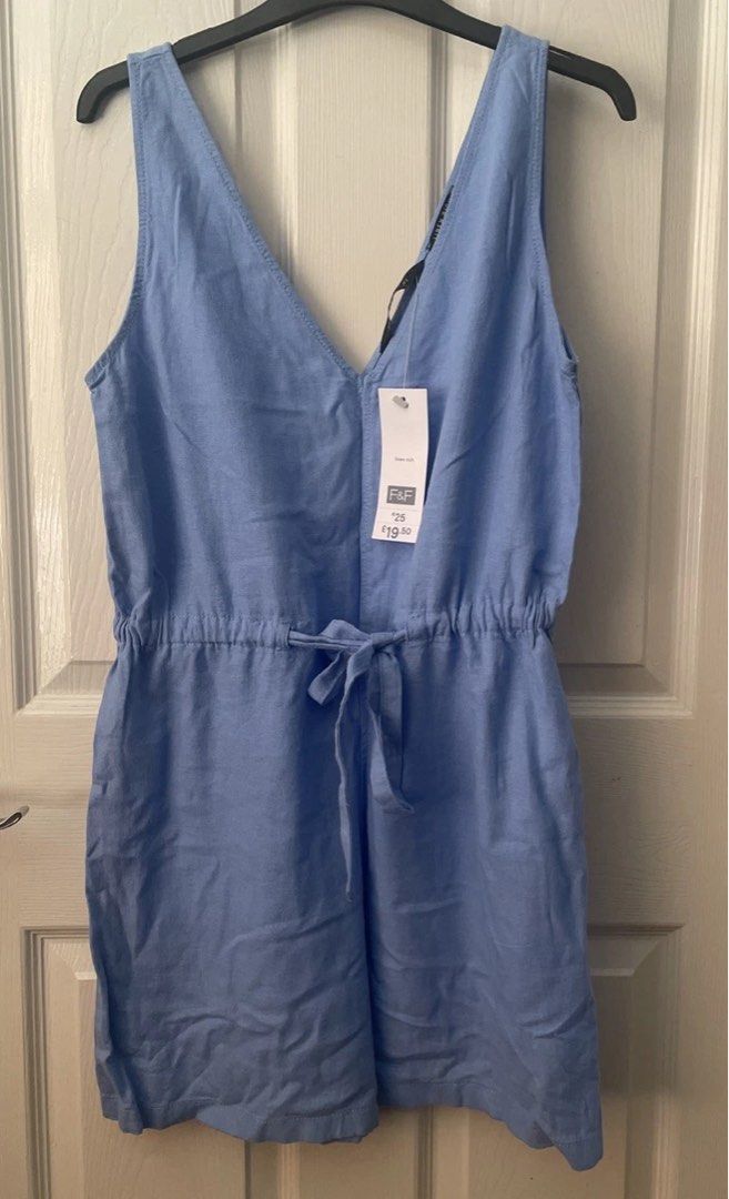 Blue Romper Linen F&F (Category: Rompers) located in Anda. Submitted by disaccharide (Listing ID 1461659810, Image 1). Description: good as new no flaws linen F&F Brand Adjustable waist small to medium .