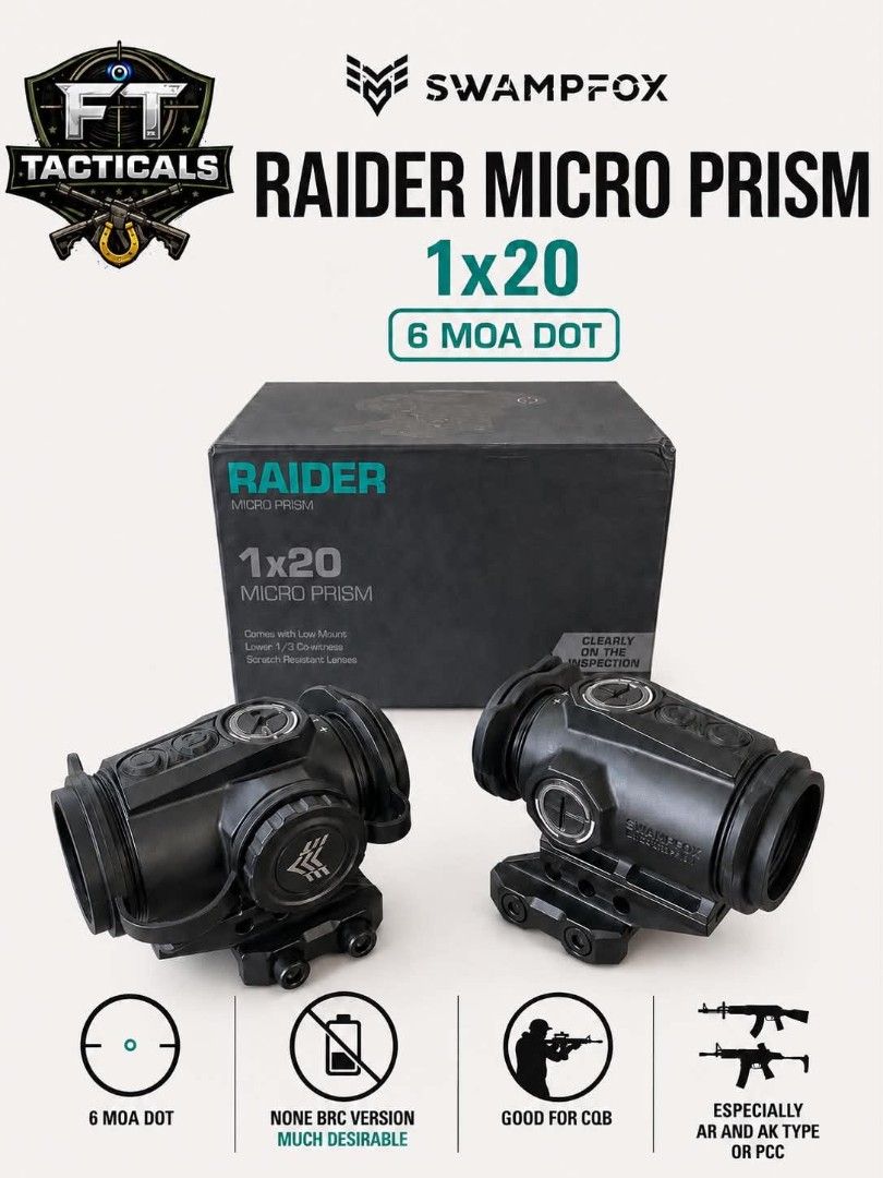 BNEW SwampFox Raider Micro Prism (Category: Other Sports Equipment and Supplies) located in Quezon City. Submitted by fttacticalsph (Listing ID 1461704181, Image 1). Description: BNEW SwampFox Raider Micro Prism shake a wake NONE BRC Ver. ( more desirable ) good for CQB complete with warranty gcash ok cop via lalamove ok dm me.