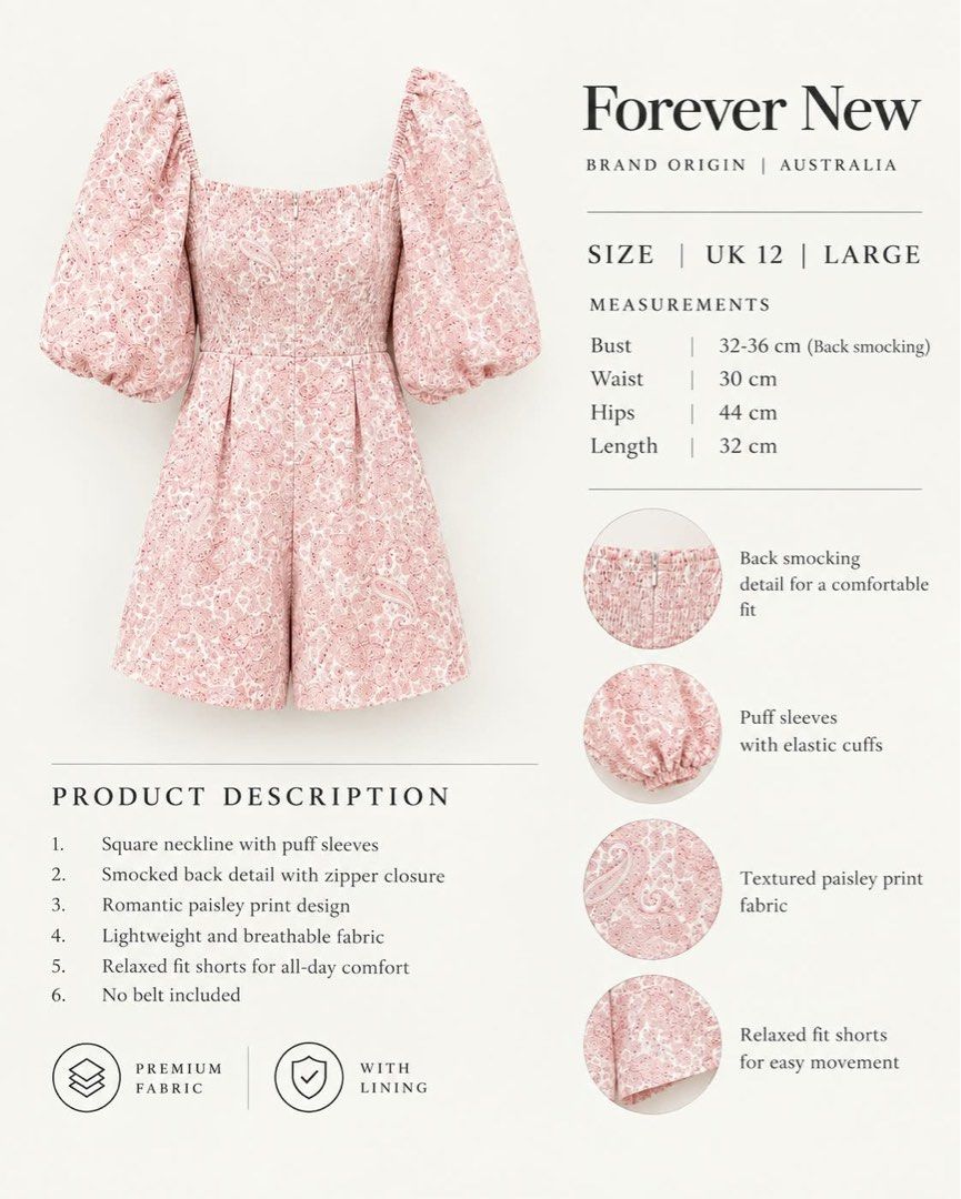 BNWT Forever New Playsuit Puff Sleeves (Category: Jumpsuits) located in Muntinlupa City. Submitted by bff_findsph (Listing ID 1461584243, Image 2). Description: Price | 1,780 Php Size A| UK 12 | Large Measurements Bust | 32-36cm (back smocking) Waist | 30-32cm Hips | 44cm Comment “MINE” to purchase or DM us for inquiries. Visit and follow our page to explore our latest collections. (IG Account | @Bffindsph) (@bff_men_ph).