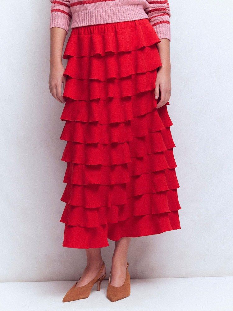 Boden Red Tiered Maxi Skirt (Category: Skirts) located in Caloocan City. Submitted by italdeclutter (Listing ID 1461570582, Image 2). Description: The only tiers welcome at your next party. This dancefloor-ready midi skirt has plenty of ruffles for a head-turning finish, while the pull-on design requires minimal effort when getting ready. Pair with heels and outshine everyone. Machine washable. 100% Polyester. Sizes available US 14,12,10,8,6,4,0.