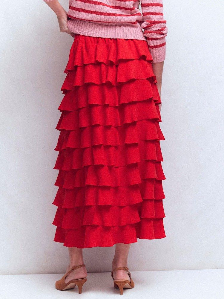 Boden Red Tiered Maxi Skirt (Category: Skirts) located in Caloocan City. Submitted by italdeclutter (Listing ID 1461570582, Image 3). Description: The only tiers welcome at your next party. This dancefloor-ready midi skirt has plenty of ruffles for a head-turning finish, while the pull-on design requires minimal effort when getting ready. Pair with heels and outshine everyone. Machine washable. 100% Polyester. Sizes available US 14,12,10,8,6,4,0.