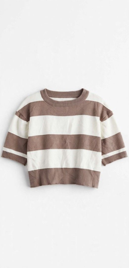 Brown and White Striped Knit Sweater (Category: Coats, Jackets and Outerwear) located in Manila. Submitted by roseannlmn66895 (Listing ID 1461797050, Image 1). Description: *Striped Crop Top Knit - Small* NO BRAND / PRE-LOVED - Size: Small (crop top fit) - Color: White + Mocha brown stripes - Sleeves: 3/4 sleeves, drop shoulder - Fabric: Soft knit, hindi makapal, presko suotin - Condition: Good condition, no damage, no stain RFS: Decluttering Pri